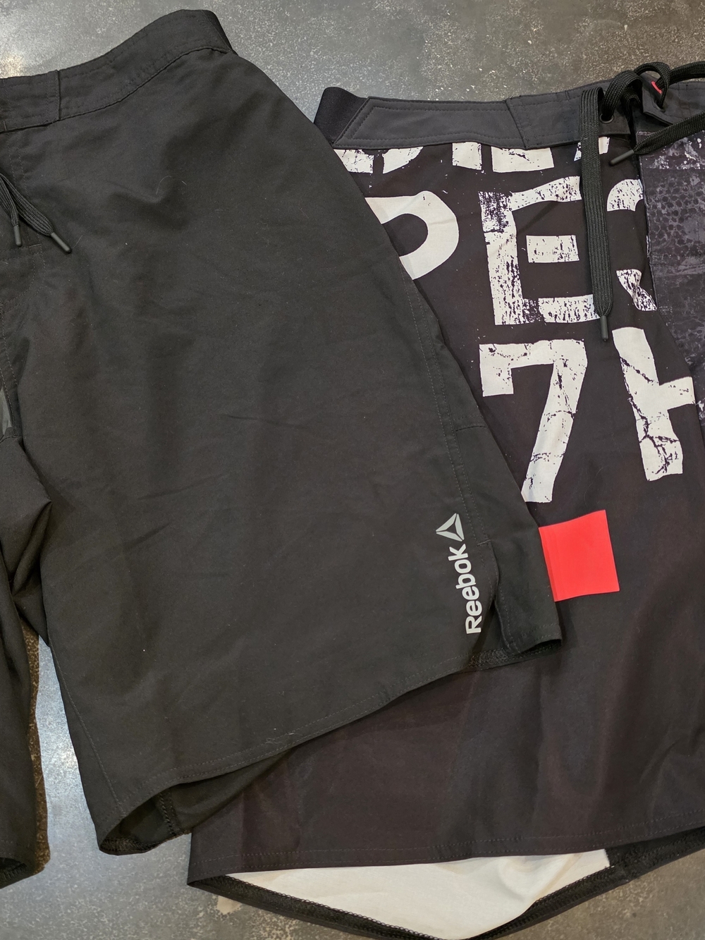 TWO!! Men's REEBOK Black Graphic Swim Board/CROSSFIT Shorts.